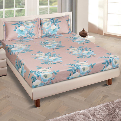 ROMEE Cotton Double Flat 144 TC Floral Bedsheet(Pack of 1, Beige & Blue)