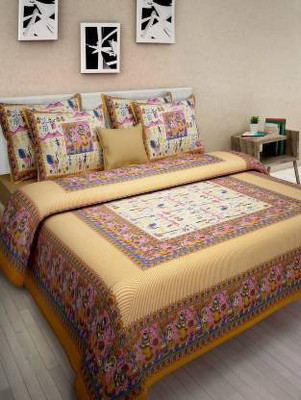 KANDY SHOP Cotton Double Flat 250 TC Printed Bedsheet(Pack of 1, Yellow)