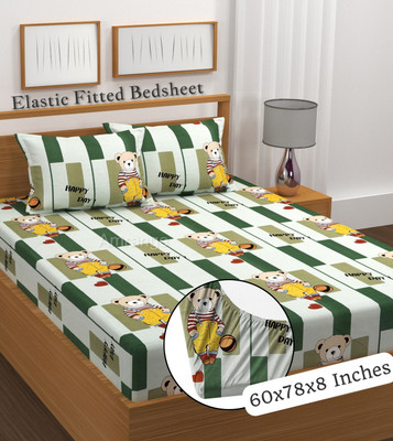 Amrange 210 TC Microfiber King 3D Printed Fitted (Elastic) Bedsheet(Pack of 1, Green)