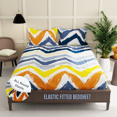 HIDECOR 250 TC Microfiber Double Printed Fitted (Elastic) Bedsheet(Pack of 1, yellow:Blue:Orange)