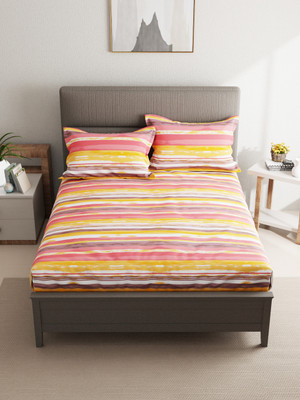 Bianca Cotton Double Flat 120 TC Striped Bedsheet(Pack of 1, ORANGE/MULTI)