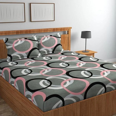 ARDM 220 TC Cotton Double Geometric Fitted (Elastic) Bedsheet(Pack of 1, Grey)