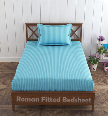 EVAN 300 TC Cotton Single Striped Fitted (Elastic) Bedsheet(Pack of 1, Aqua)