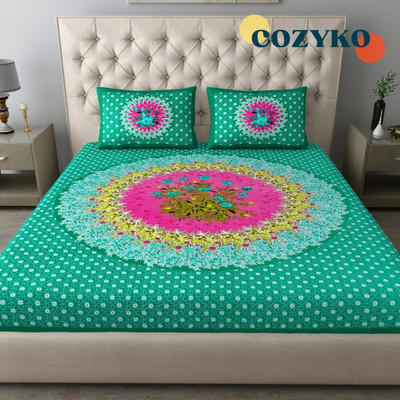 COZYKO Cotton Double Flat 144 TC Floral Bedsheet(Pack of 1, Green, Multicolor)