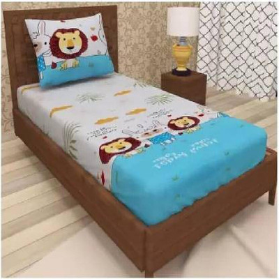 VA Creations 180 TC Cotton Single Printed Flat Bedsheet(Pack of 1, White, Blue)