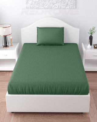 ETZA Satin Single Flat 210 TC Striped Bedsheet(Pack of 1, Dark Green)