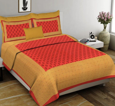 Meejoya Cotton Double Flat 230 TC Printed Bedsheet(Pack of 1, Red, Gold)