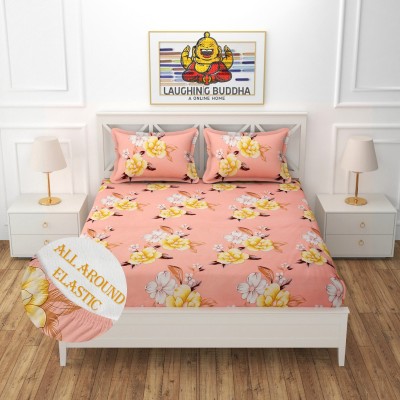 Laughing buddha 260 TC Cotton Double Printed Fitted (Elastic) Bedsheet(Pack of 1, Peach, Yellow)