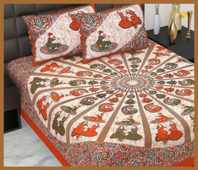 JAIPUR PRINTS Cotton Double Flat 210 TC Jaipuri Prints Bedsheet(Pack of 1, Brown)