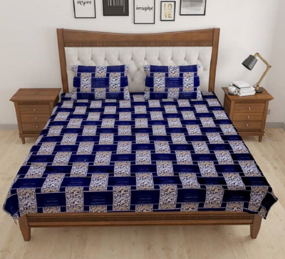 ZEVOX 180 TC Polycotton Double Checkered Flat Bedsheet(Pack of 1, Blue)