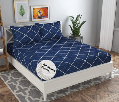 DECOMIZER 210 TC Cotton King Printed Fitted (Elastic) Bedsheet(Pack of 1, Navy Blue)