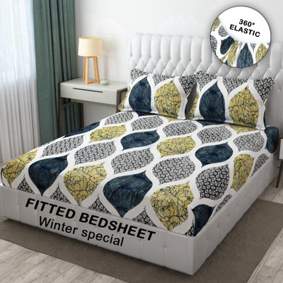 Arshi Woolen Double Fitted (Elastic) 210 TC Printed Bedsheet(Pack of 1, Grey & Multi)