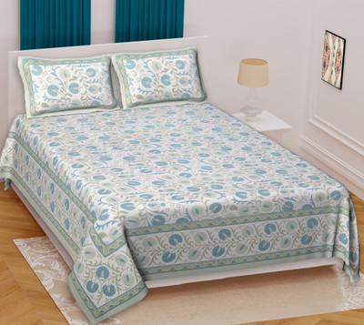 Texstylers 210 TC Cotton Queen Jaipuri Prints Flat Bedsheet(Pack of 1, Green)