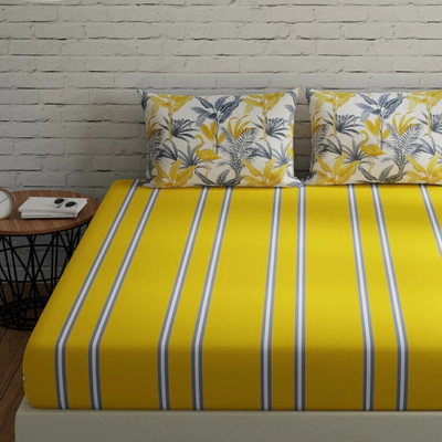Huesland Cotton King Flat 144 TC Striped Bedsheet(Pack of 1, Stripes & Flamingo - Yellow & Grey)