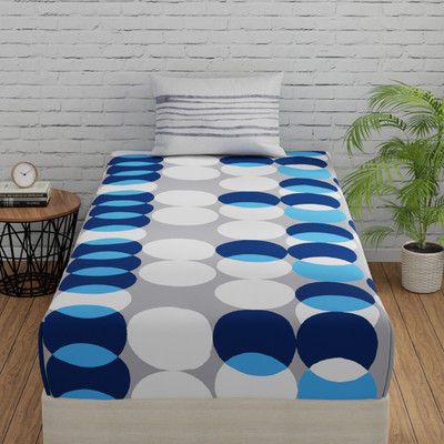 Huesland 144 TC Cotton Single Geometric Flat Bedsheet(Pack of 1, Blue, Grey & White)