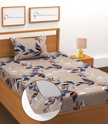BLUEDOT 180 TC Cotton Single Floral Fitted (Elastic) Bedsheet(Pack of 1, Beige)