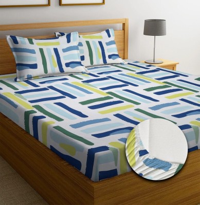 Luxury Trends 160 TC Cotton King Printed Fitted (Elastic) Bedsheet(Pack of 1, White & Blue)