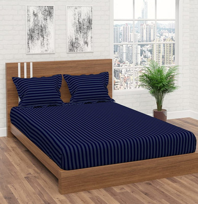 OICHY 180 TC Microfiber Double Striped Fitted (Elastic) Bedsheet(Pack of 1, Navy Blue)