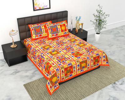 Indian Royal Fashion Cotton Double Flat 144 TC Jaipuri Prints Bedsheet(Pack of 1, Orange)