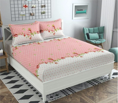 LX LOYREX Microfiber Double Fitted (Elastic) 220 TC Floral Bedsheet(Pack of 1, Pink,White)