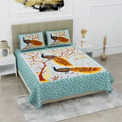 Indian Royal Fashion Cotton Double Flat 144 TC Abstract Bedsheet(Pack of 1, Green)