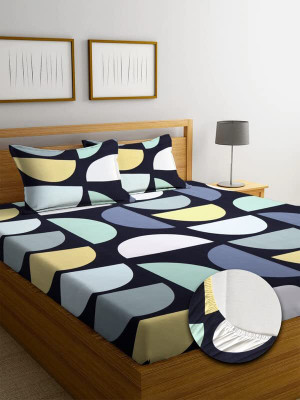 Rumps 220 TC Cotton King Printed Fitted (Elastic) Bedsheet(Pack of 1, blavck cap)