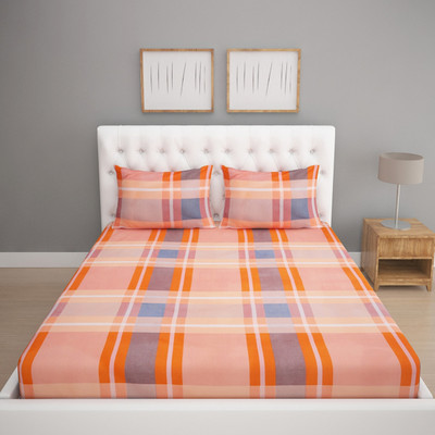 ROMEE 186 TC Cotton Queen Checkered Flat Bedsheet(Pack of 1, Peach & Orange)