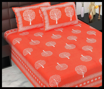 JAIPUR PRINTS Cotton Double Flat 160 TC Jaipuri Prints Bedsheet(Pack of 1, Orange)