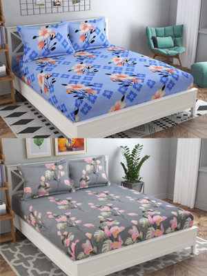 VORDVIGO 220 TC Cotton Queen Abstract Fitted (Elastic) Bedsheet(Pack of 2, Multicolor)