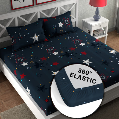 CG Homes Cotton Double Fitted (Elastic) 180 TC Printed Bedsheet(Pack of 1, Navy Blue)