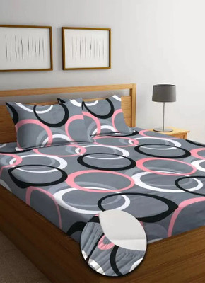 BLOSSIE Cotton Double Fitted (Elastic) 250 TC Geometric Bedsheet(Pack of 1, Grey)