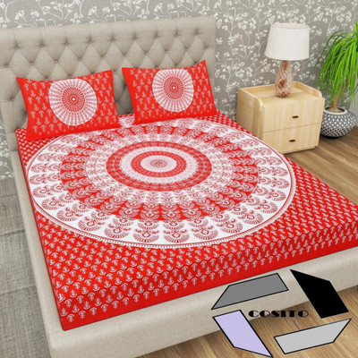 Cosito Cotton Double Flat 144 TC Jaipuri Prints Bedsheet(Pack of 1, Red, White)