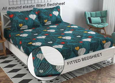Goodrik Microfiber Double Fitted (Elastic) 210 TC Floral Bedsheet(Pack of 1, FITTED DARK GREEN)