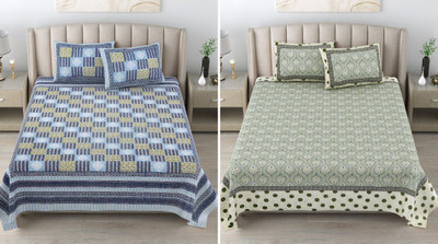 Castile Cotton Queen Flat 180 TC Printed Bedsheet(Pack of 1, Blue, Green)