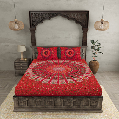 JAIPUR FABRIC Cotton Double Flat 180 TC Printed Bedsheet(Pack of 1, Red)