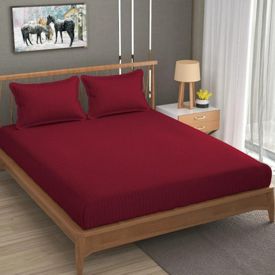 GRAVIA HOMES 220 TC Cotton King Striped Fitted (Elastic) Bedsheet(Pack of 1, Maroon)