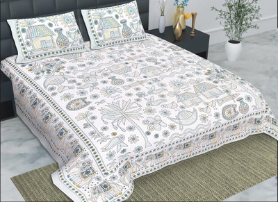 SABHINJO Cotton Double, King, Super King Flat 180 TC Jaipuri Prints Bedsheet(Pack of 1, Green)