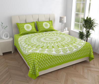ABHACLOTHO Cotton Double Flat 144 TC Printed Bedsheet(Pack of 1, Green)