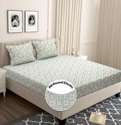 BSB HOME 180 TC Cotton Double Abstract Fitted (Elastic) Bedsheet(Pack of 1, Light Grey1)