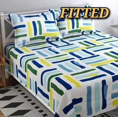 MATYUN Cotton Blend Double Fitted (Elastic) 210 TC Floral Bedsheet(Pack of 1, Fitted Blue Patta)