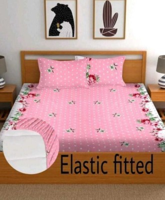 Prosseya 160 TC Cotton Double 3D Printed Fitted (Elastic) Bedsheet(Pack of 1, Pink 2)