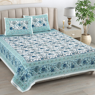 urban jaipur Cotton King Flat 300 TC Floral Bedsheet(Pack of 1, White Sky Blue)
