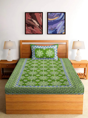 SPANGLE 144 TC Polycotton Single Printed Flat Bedsheet(Pack of 1, Green, White)