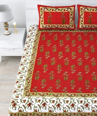 Living Roots 210 TC Cotton Queen Jaipuri Prints Flat Bedsheet(Pack of 1, Red)