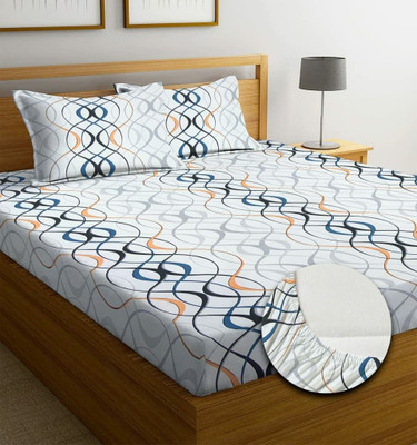 WIGGLY 240 TC Microfiber Double Striped Fitted (Elastic) Bedsheet(Pack of 1, White)