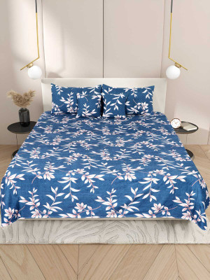 LATHWAL CREATIONS Cotton Double Flat 300 TC Printed Bedsheet(Pack of 1, Blue Patti (1 Flat Bedsheet + 2 Pillow Cover + 2 Cushion Covers with Filler))