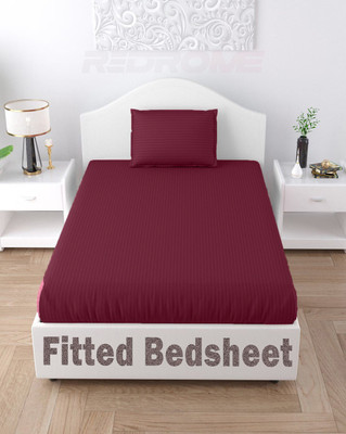 REDROME Cotton Single Fitted (Elastic) 300 TC Striped Bedsheet(Pack of 1, Maroon)