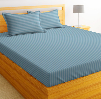 VAS COLLECTIONS 220 TC Cotton Double Striped Flat Bedsheet(Pack of 1, Sky Blue)