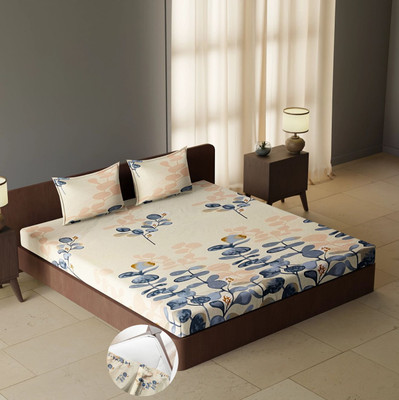CARLTON LONDON 180 TC Polyester Queen Floral Fitted (Elastic) Bedsheet(Pack of 1, Light Grey)