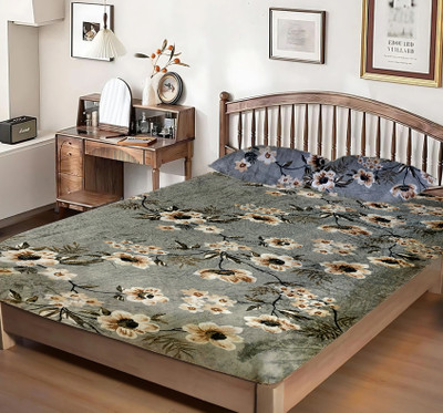 HOMIEE 250 TC Velvet Double Printed Fitted (Elastic) Bedsheet(Pack of 1, Grey)